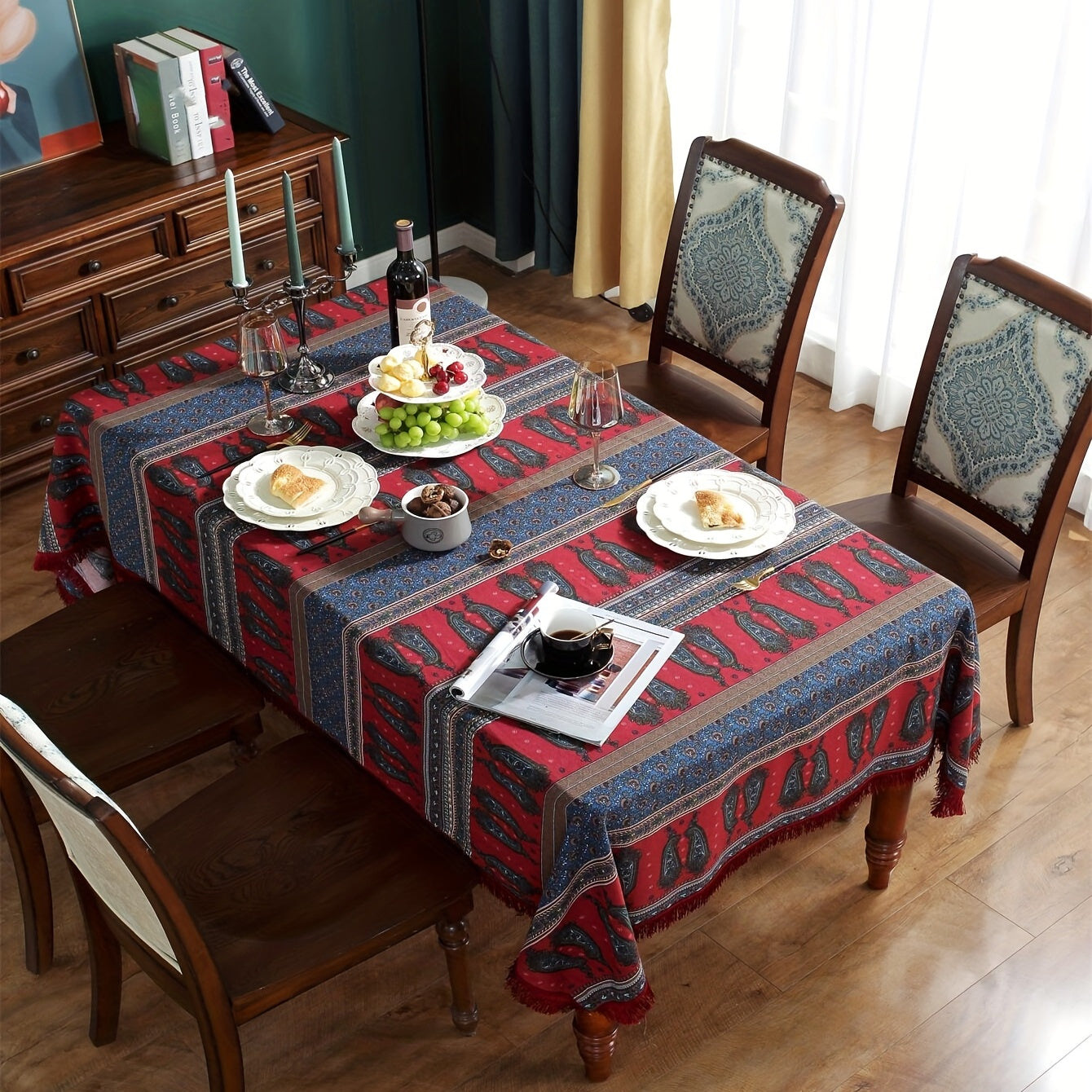 Christmas Cotton Tablecloth with Red Fringe Bohemian Printed Table Flag