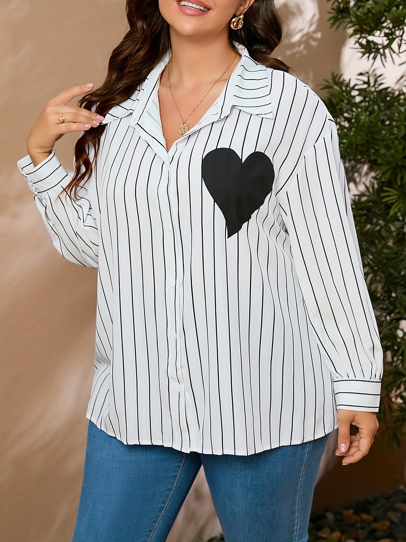  Casual Blouse Women's Plus Stripe & Heart Print Button Up