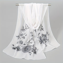 Rose Print Chiffon Scarf Silk Shawl Sunscreen Head Wrap