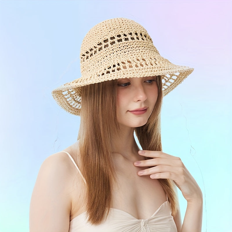 Apricot Sun Hat Wide Brim Straw Bucket Hat Lightweight Breathable for Women