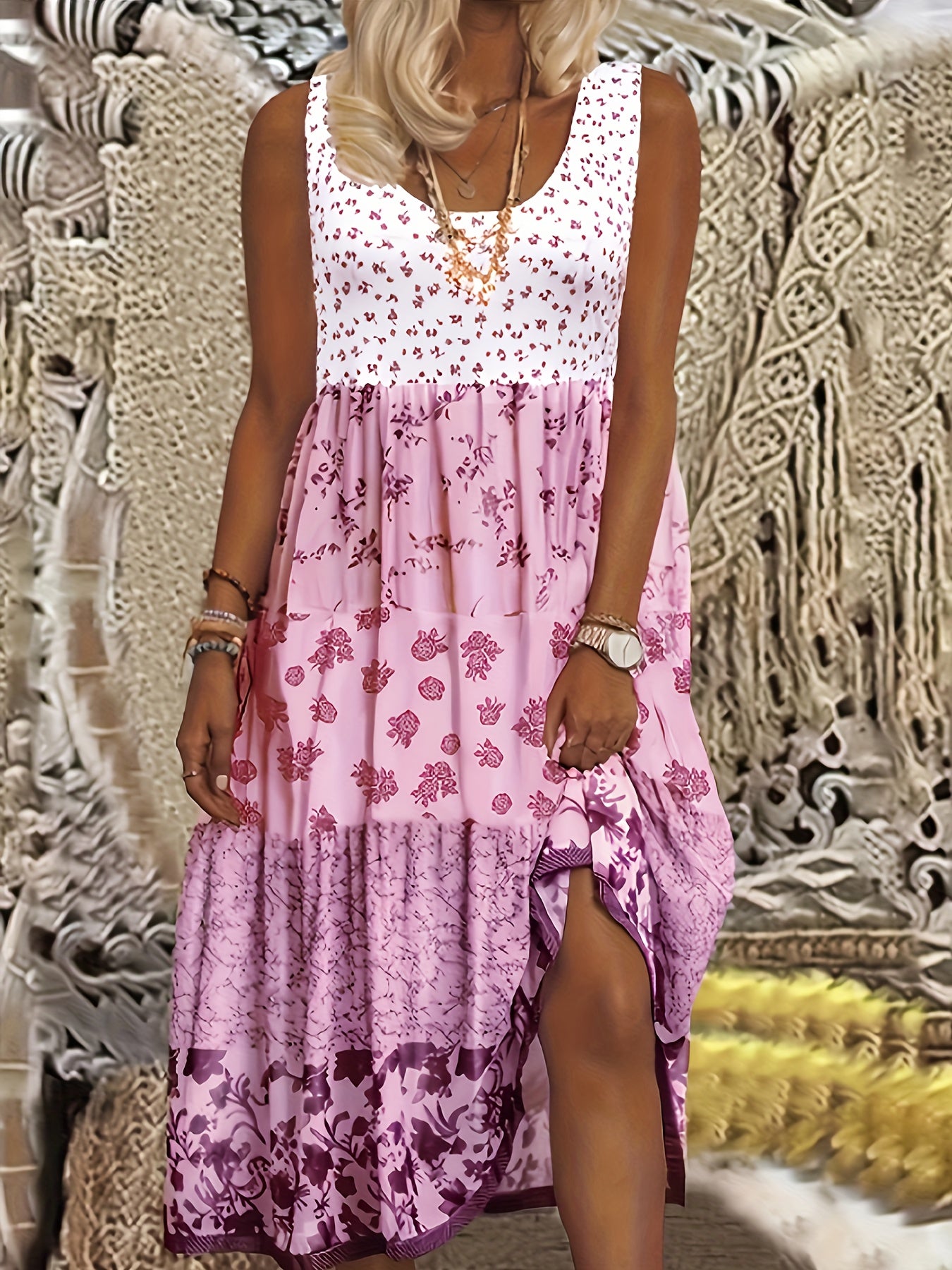  Colorblock Floral Print Round Neck Smock Dress