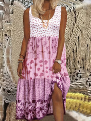  Colorblock Floral Print Round Neck Smock Dress
