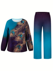 Women's Plus Peacock Print Long Sleeve Top & Pants Set