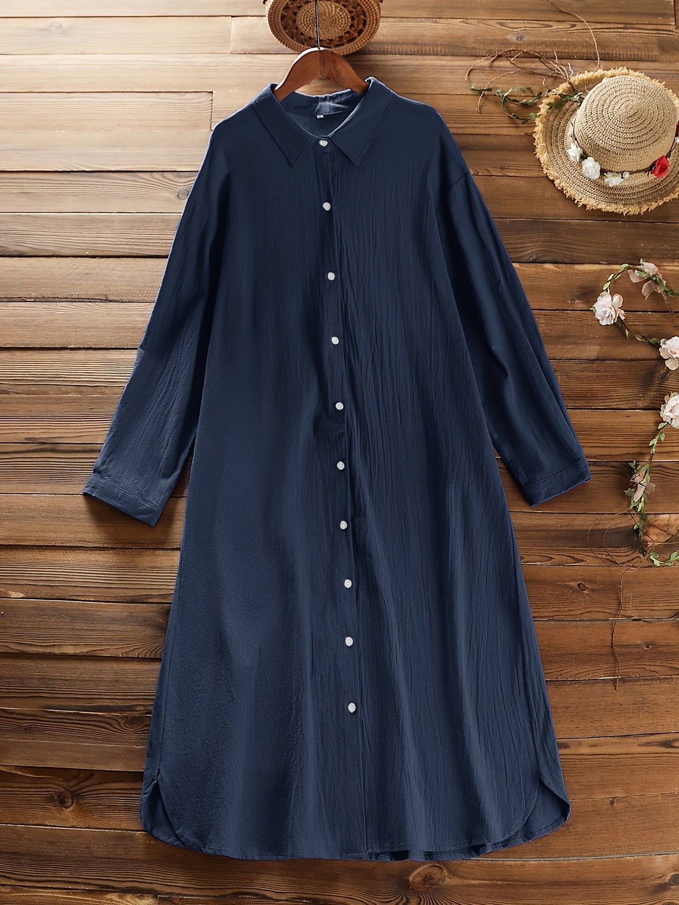  Solid Collared Button Up Shirt Dress