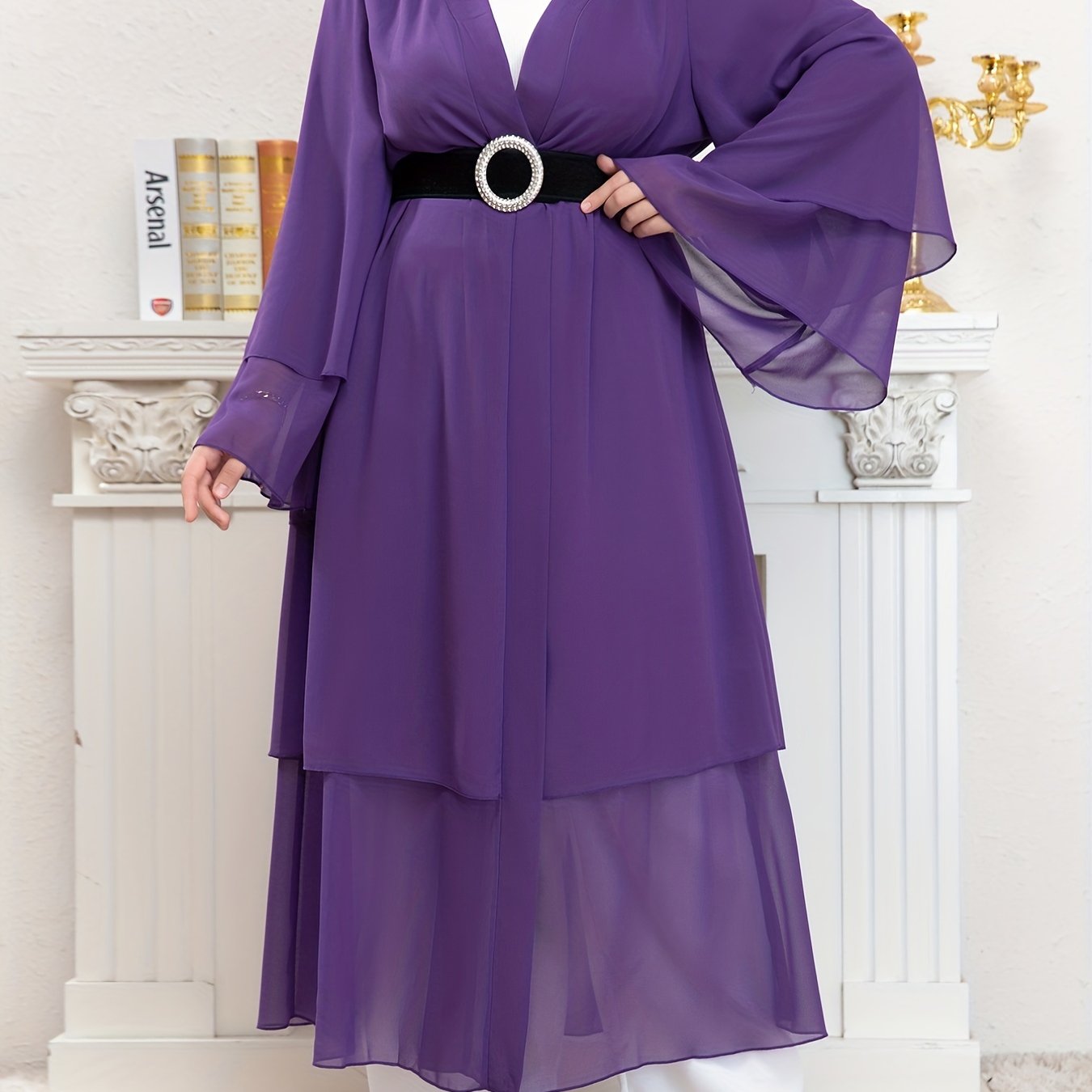  Mesh Bell Sleeve Layered Maxi Abaya Dress & Hijab 2pcs Set
