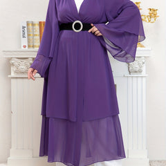  Mesh Bell Sleeve Layered Maxi Abaya Dress & Hijab 2pcs Set
