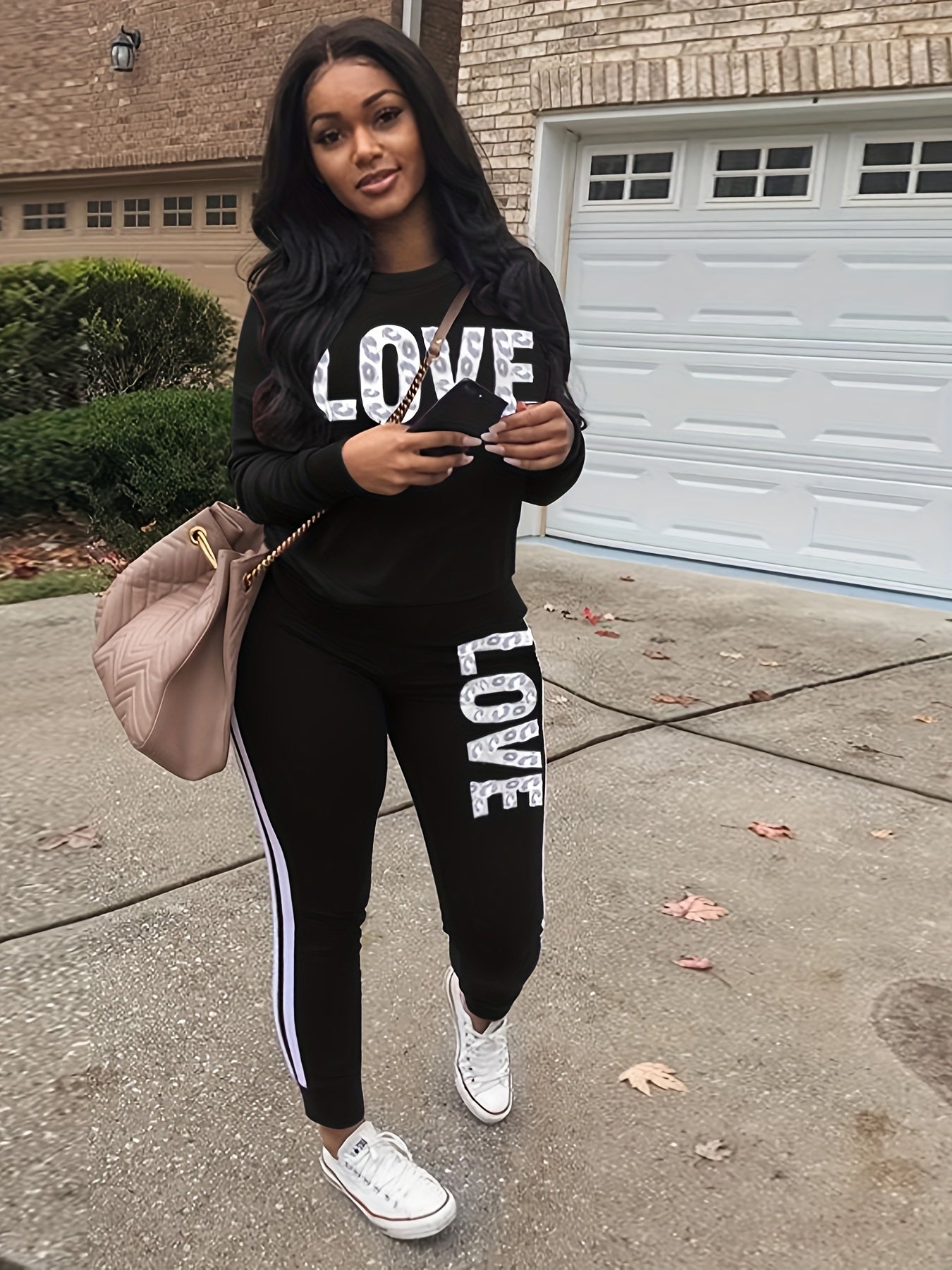 Women's Love Letter Print Two Piece Set for Fall/Winter
