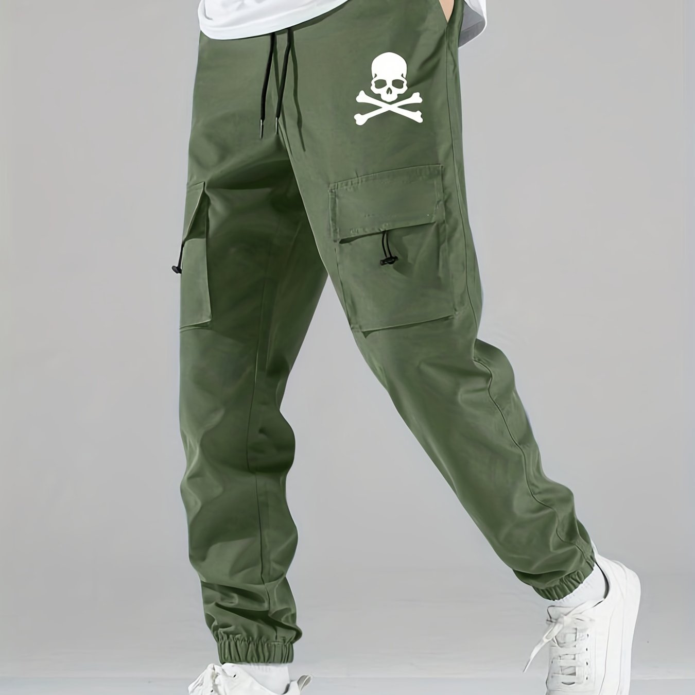 Skull Print Cargo Pants Men's Flap Pocket Trousers