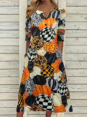  Halloween Pumpkin Print Long Sleeve Dress
