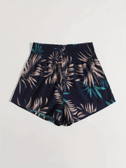 Tropical Print Smocked Waist Shorts Women's Casual Shorts