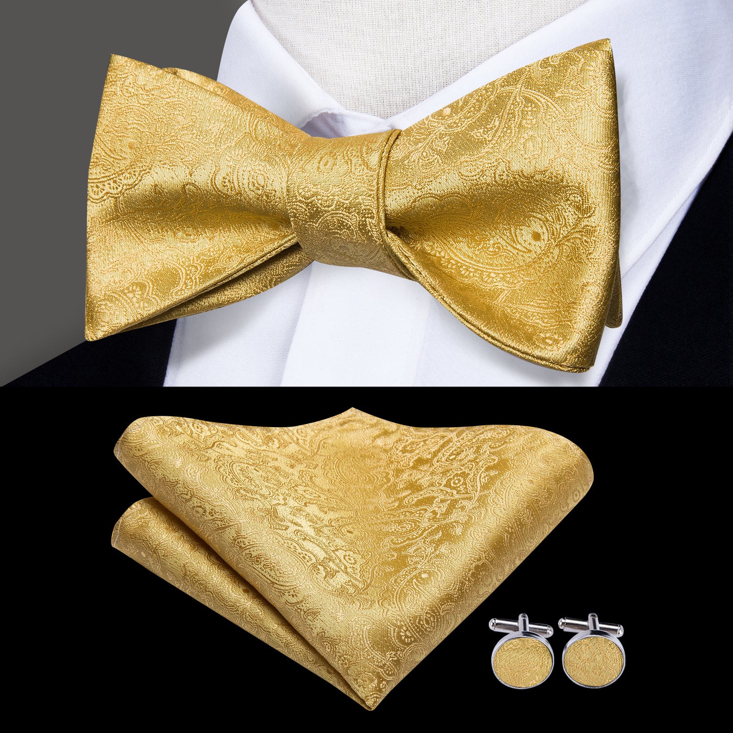 Men's Self Bow Ties Silk Set Necktie Bow Tie Pocket Square Cufflinks