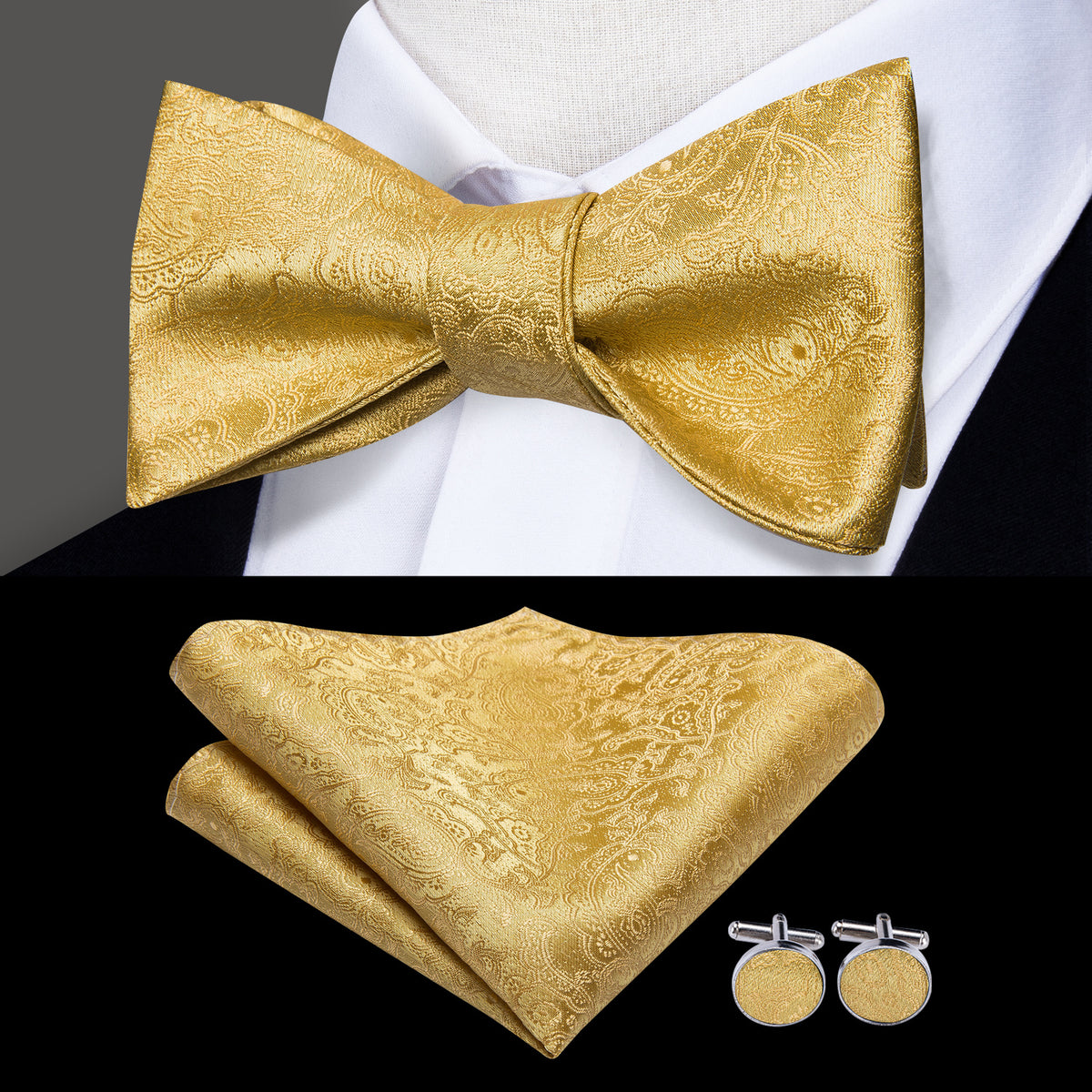Men's Self Bow Ties Silk Set Necktie Bow Tie Pocket Square Cufflinks