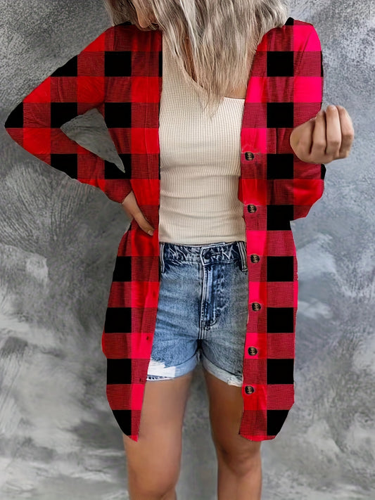  Gingham Print Button-Up Cardigan