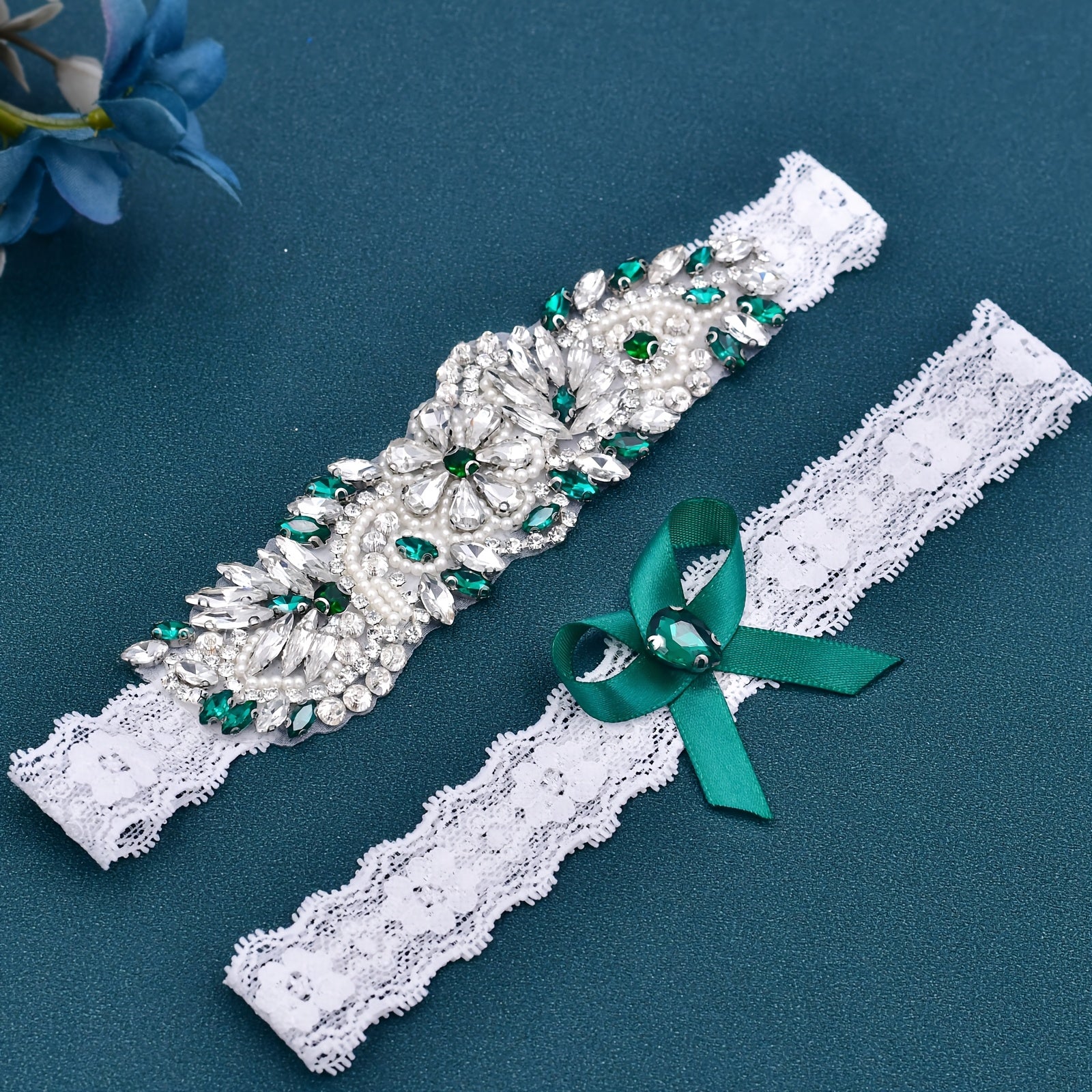 Vintage Lace Garter Bands with Rhinestone Accents and Teal Bow