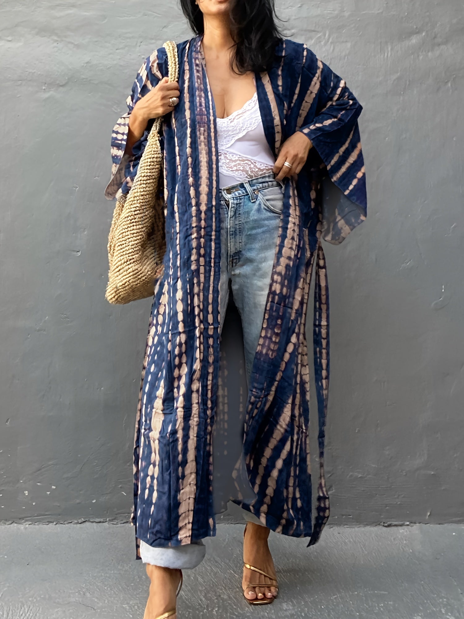Tie Dye Striped Batwing Sleeve Maxi Beach Cover Up