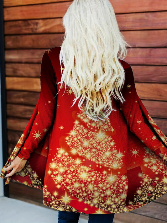 Glitter Christmas Tree Print Open Front Cardigan