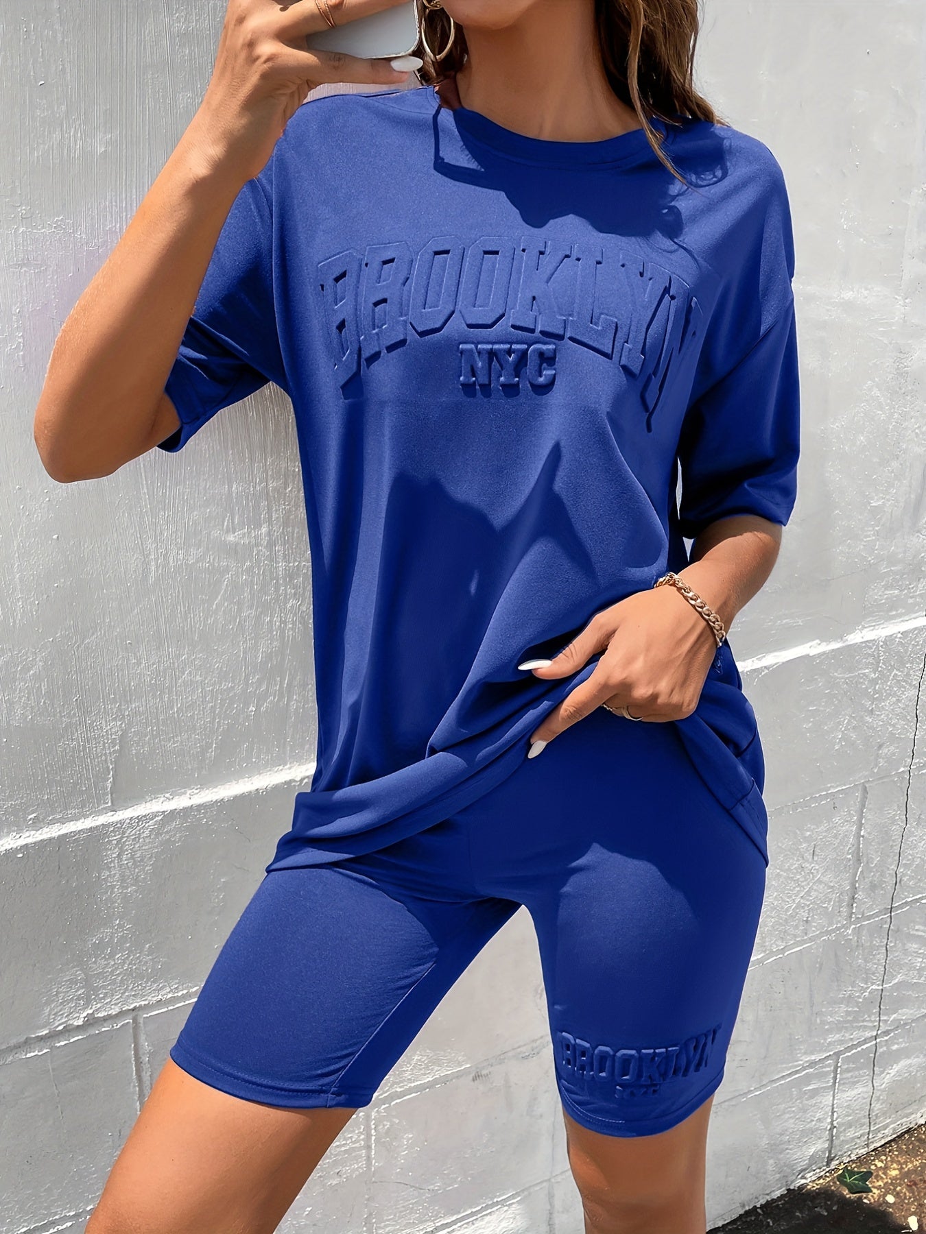 Summer Casual Coffee Brown Women's Textured Tee & Biker Shorts