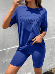 Summer Casual Coffee Brown Women's Textured Tee & Biker Shorts
