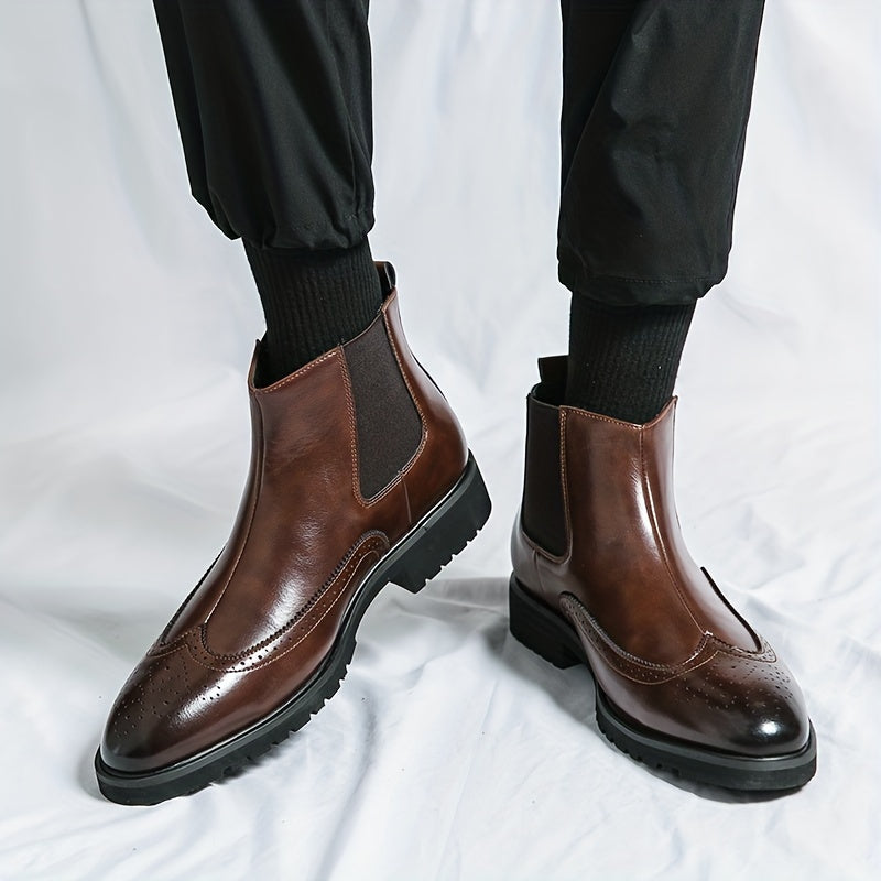 Men's Brogue Chelsea Boots Pointed Toe Slip On Ankle Boots