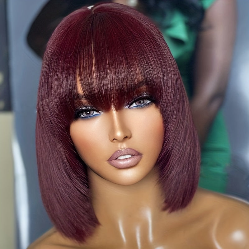 Burgundy Short Bob Wig with Bangs, Brazilian Human Hair, No Lace 180 Density
