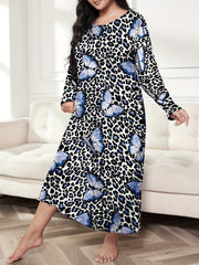  Leopard & Butterfly Print Long Sleeve Nightdress