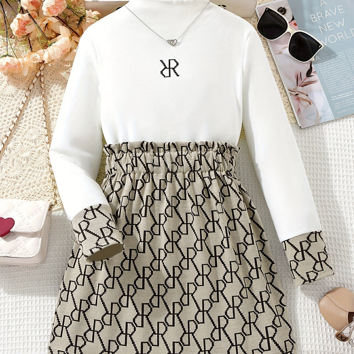 2pcs Girls Mock Neck Long Sleeve Dress Set Kids Autumn Winter Clothes