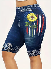  Floral & Skull Print Denim Shorts, Medium Stretch Skinny Fit