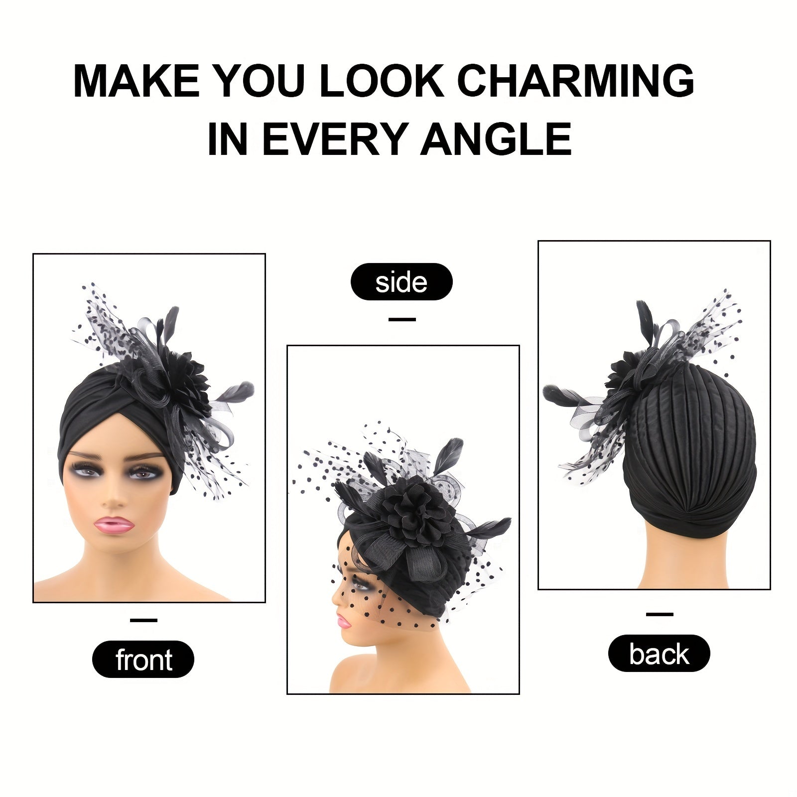 Feather Mesh Flower Turban Cap Head Wrap Elastic Beanie Women Ramadan Bonnet