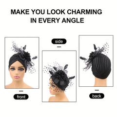 Feather Mesh Flower Turban Cap Head Wrap Elastic Beanie Women Ramadan Bonnet
