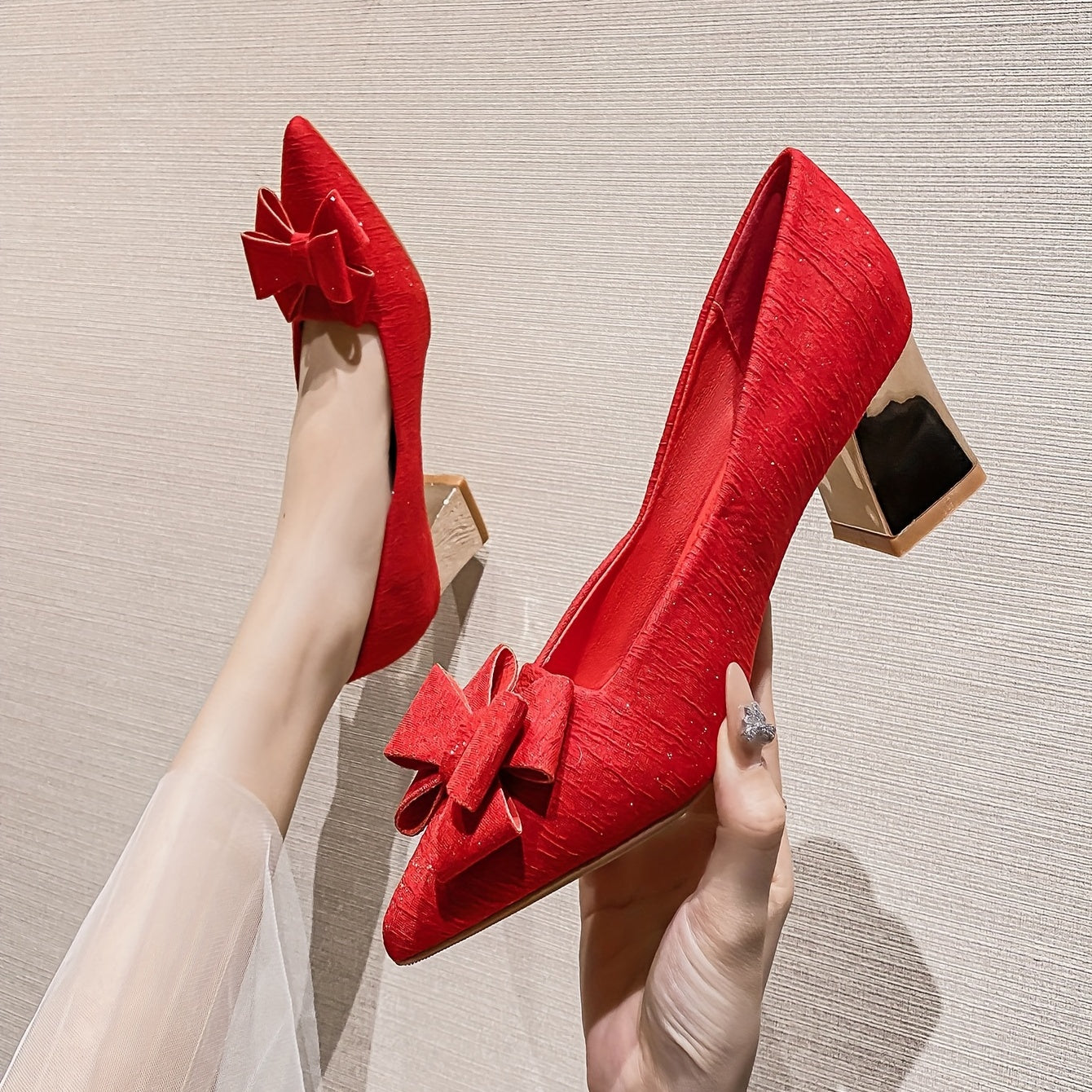 Chunky Heeled Pumps Bowknot High Heels Wedding Dress Shoes