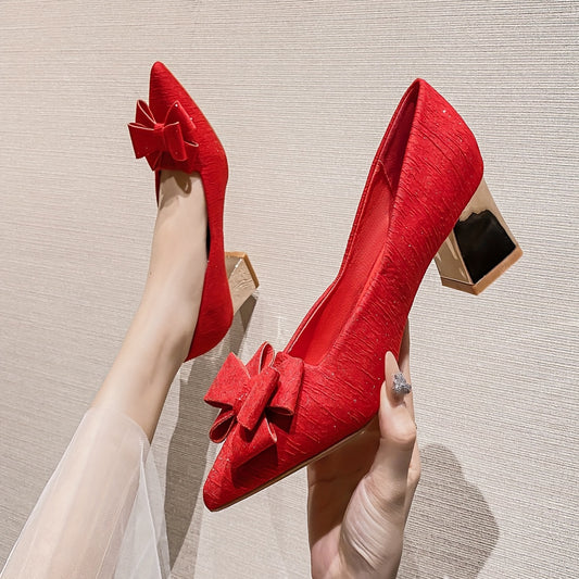 Chunky Heeled Pumps Bowknot High Heels Wedding Dress Shoes