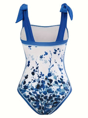 Floral Print Tie Shoulder One Piece Bathing Suit with Sarong Cover Up
