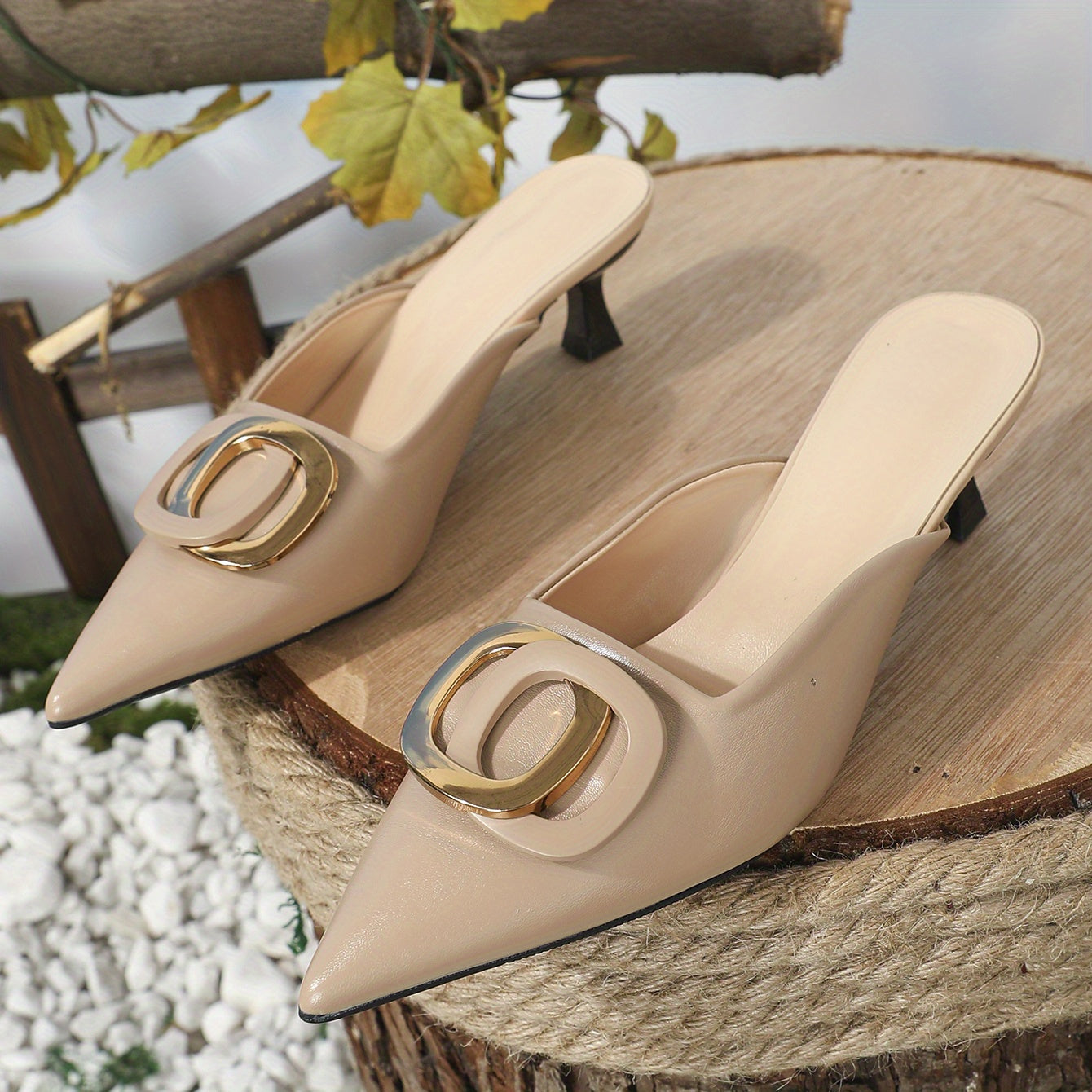 Women's Buckle Slingback Kitten Heels Pointed Toe Slip On Sandals