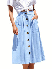  Solid Button Pleated Maxi Skirt With Pockets