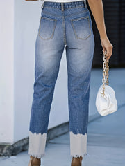  Colorblock Ripped Fringe Skinny Jeans