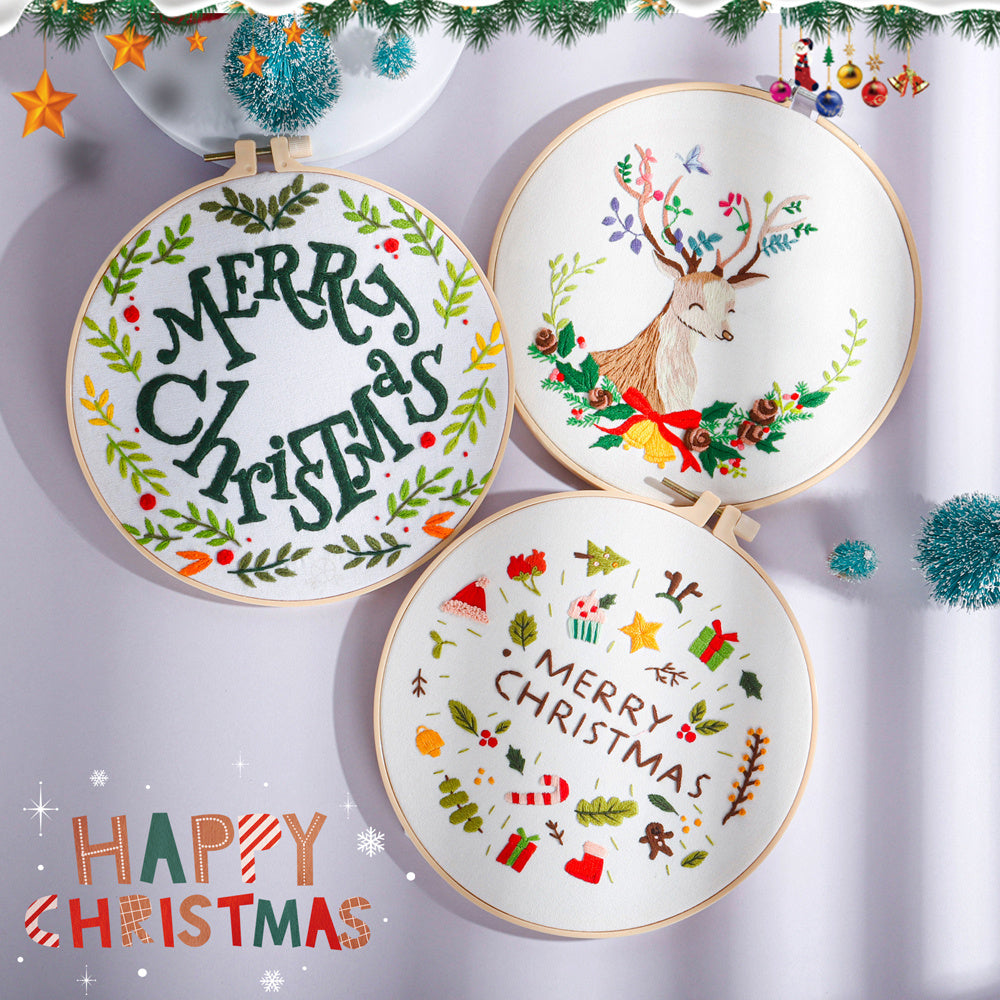 Embroidery Kit Merry Christmas Pattern 1 Hoop DIY Knitting Gift