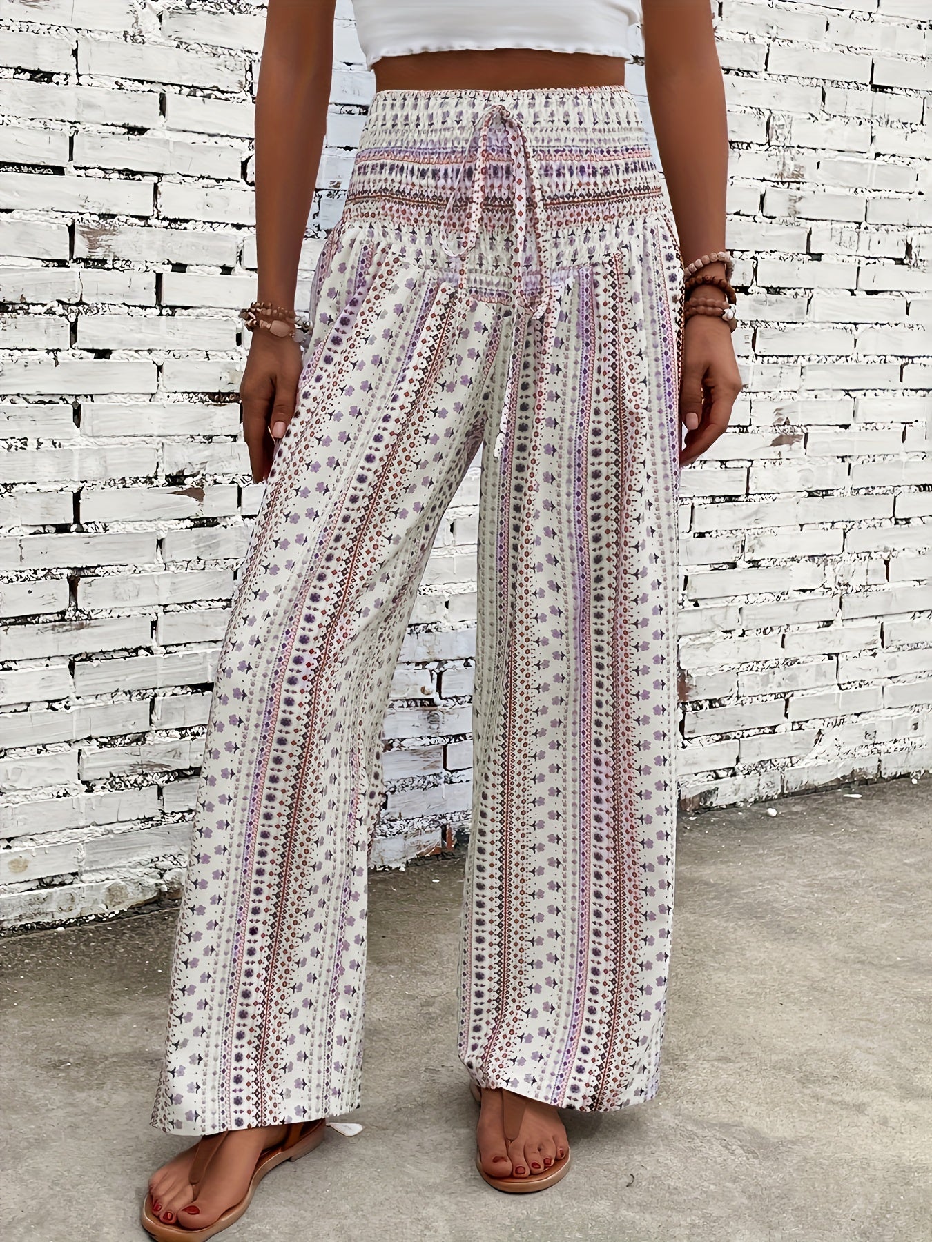 Boho Patchwork Print Shirred Waist Wide Leg Pants