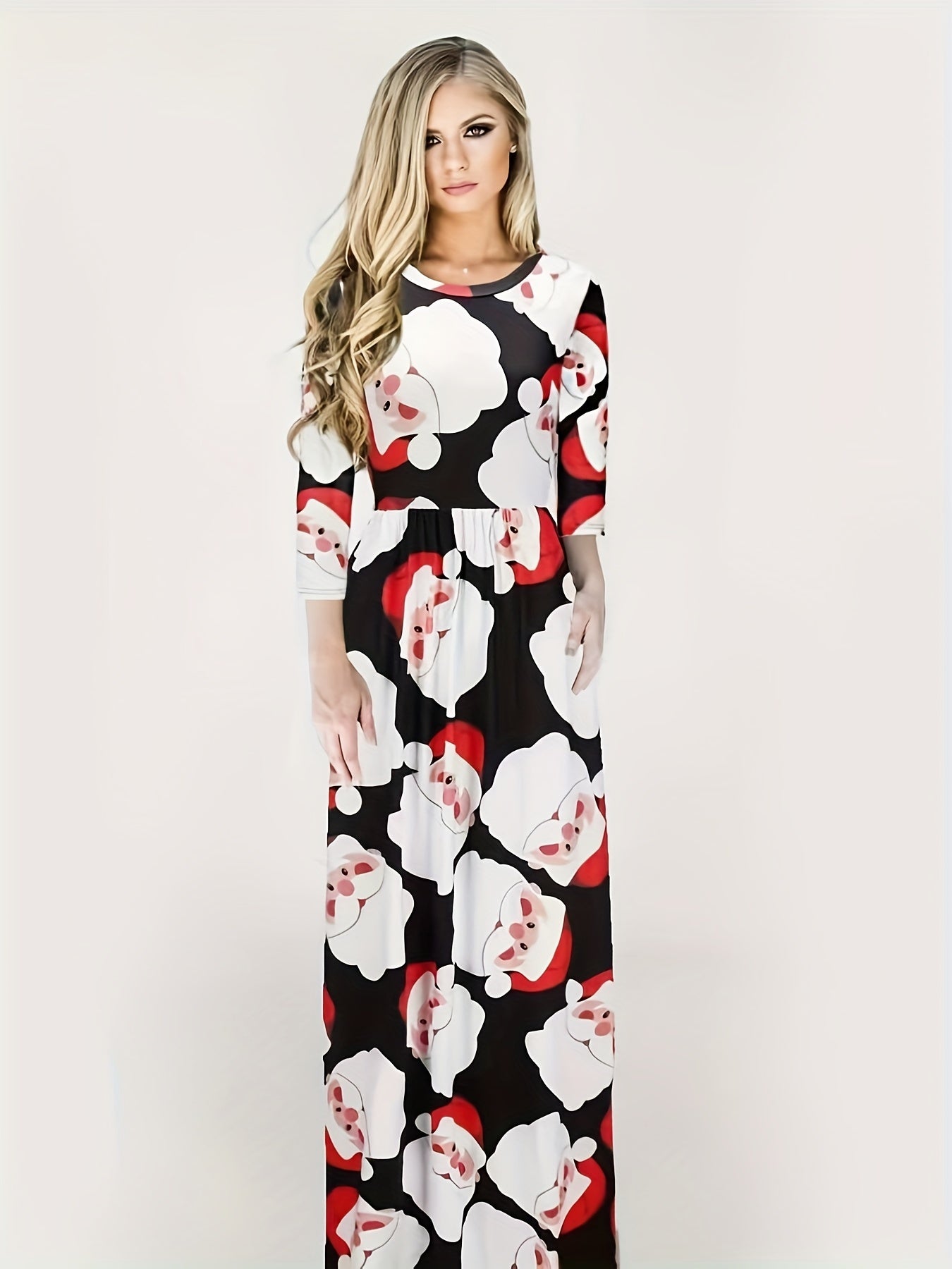  Santa Claus Print Half Sleeve Round Neck Stretch Maxi Dress