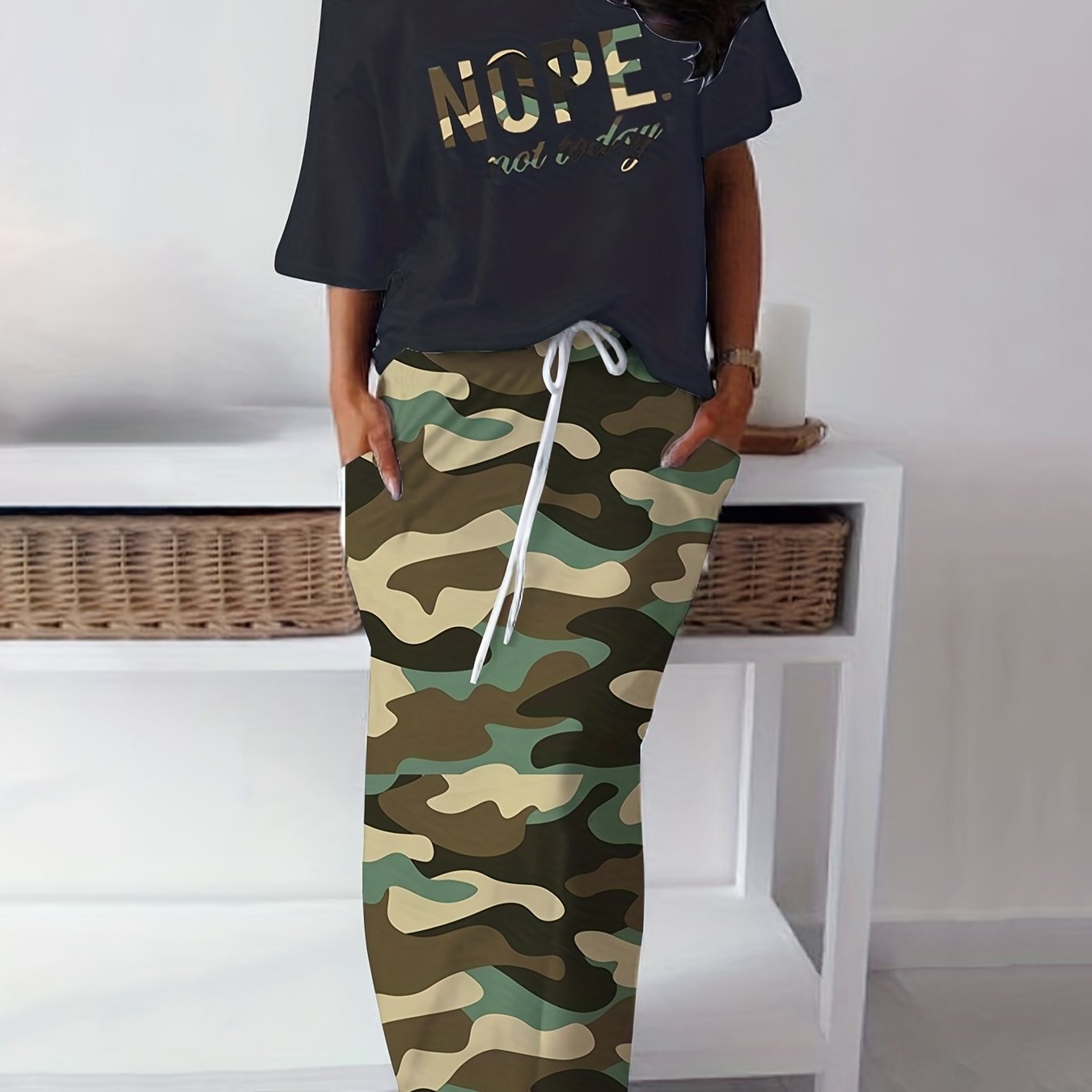 Casual Two piece Skirt Set Letter Print Top & Camouflage Drawstring Split Skirt