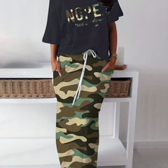 Casual Two piece Skirt Set Letter Print Top & Camouflage Drawstring Split Skirt