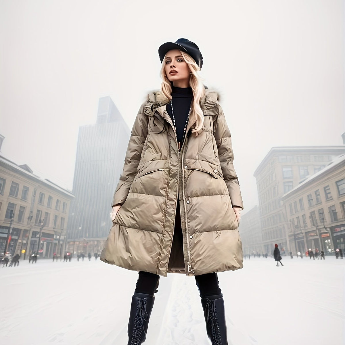 Women's Mid-Length Puffer Hooded Jacket for Winter Outdoor Sports