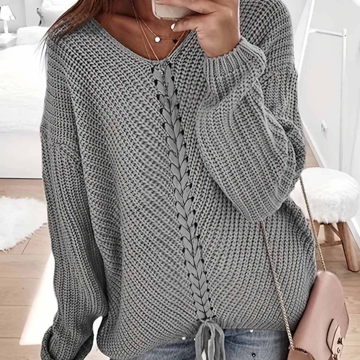  Casual Sweater Women's Plus Solid V Neck Lace Up Pullover Jumper