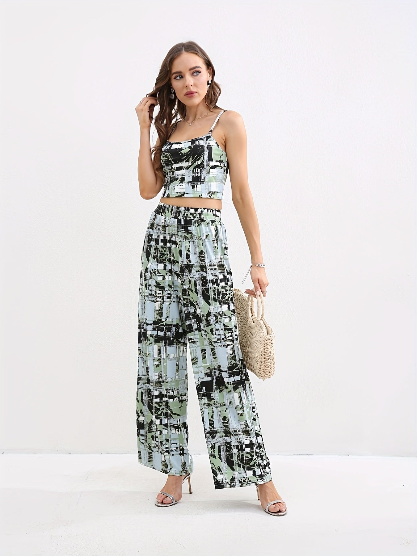 Geo Print Set Spaghetti Strap Top & Wide Leg Pants Outfit
