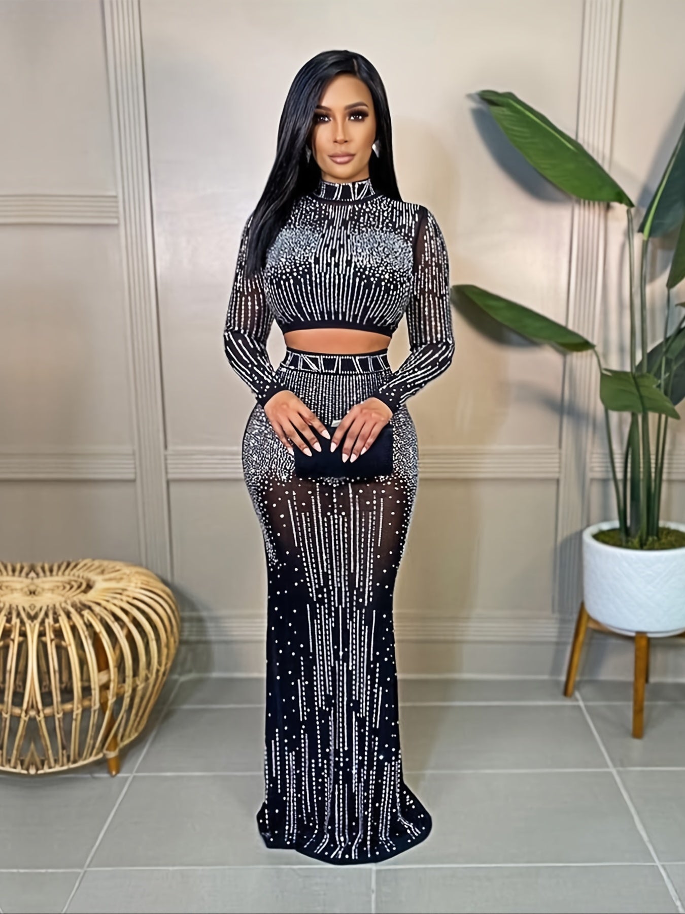 Party Rhinestone 2pc Set Bodycon Crop Top & High Waist Skirt