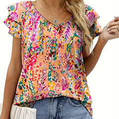  Casual Blouse Women's Plus Allover Print Layered Cap Sleeve V Neck Top