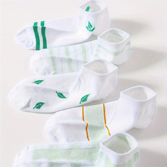 5 Pairs Striped & Leaf Print Low Cut Ankle Socks Women's Stockings