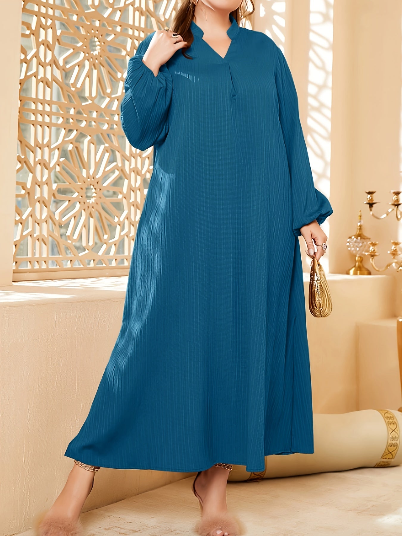  Solid Lantern Sleeve V Neck Maxi Dress