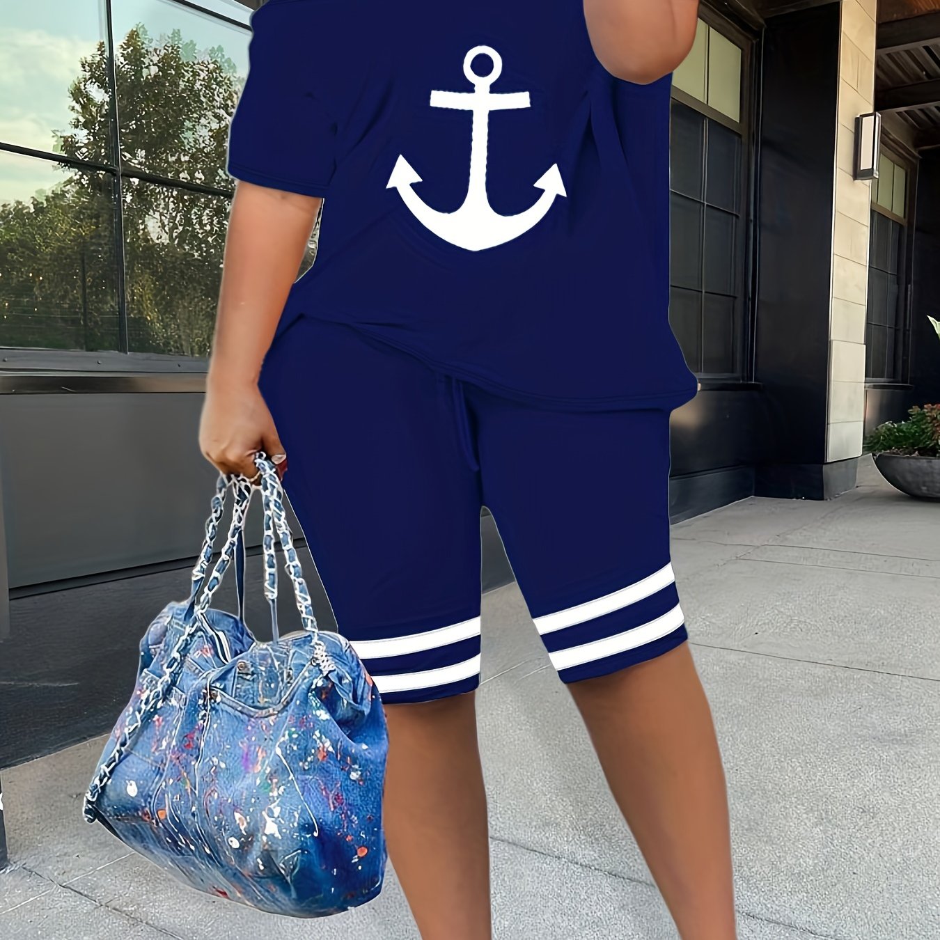 Women's Plus Anchor Print One Shoulder Top & Shorts Two Piece Set