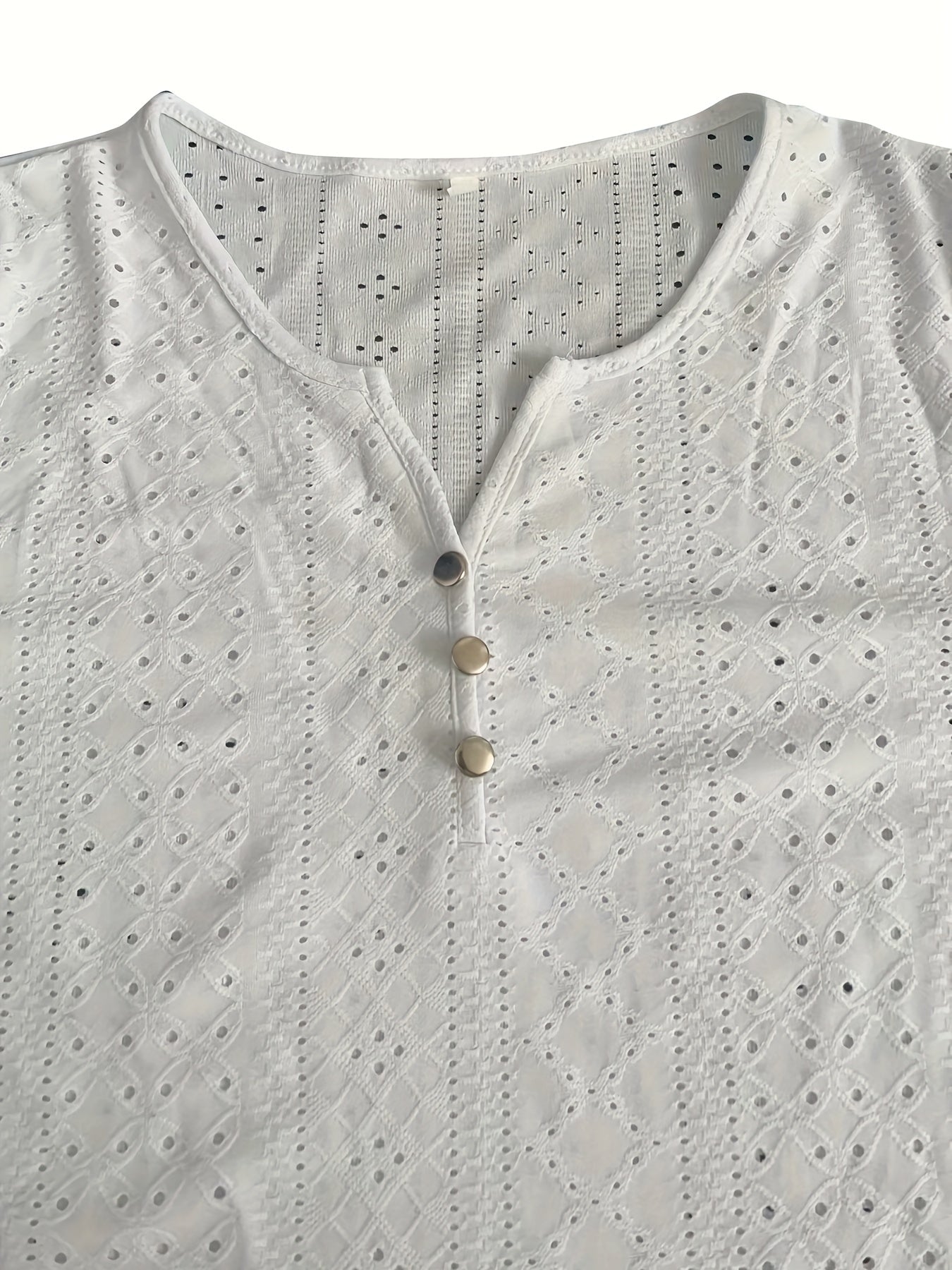  Casual Eyelet Embroidery Button-Up Long Sleeve Blouse