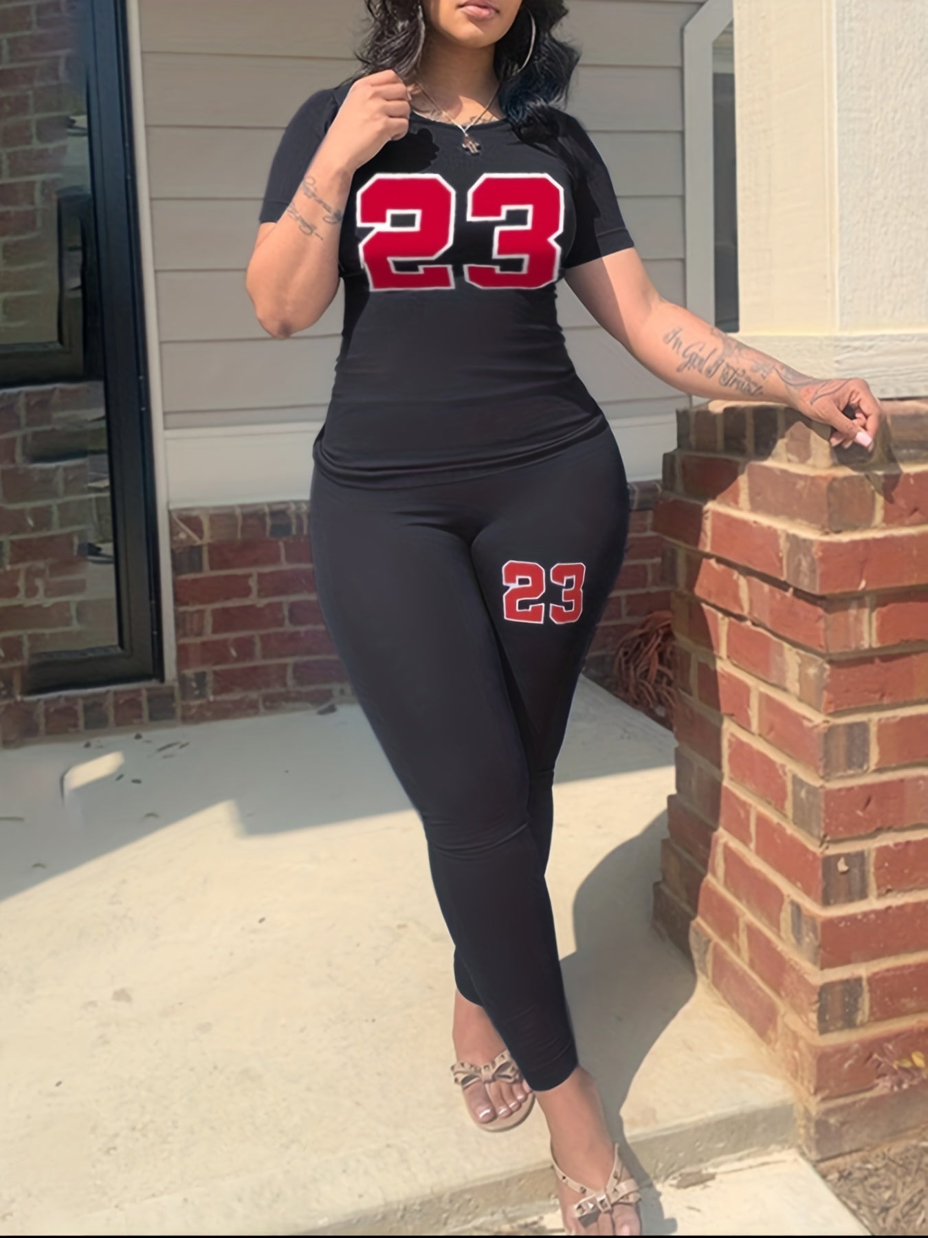 Casual Letter Print 2pc Set Crew Neck Short Sleeve T shirt & Skinny Pants